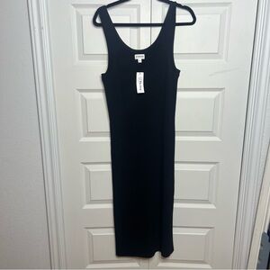 The Drop Black Ribbed Maxi Dress NWT Size L Side Slit Minimalist Bodycon